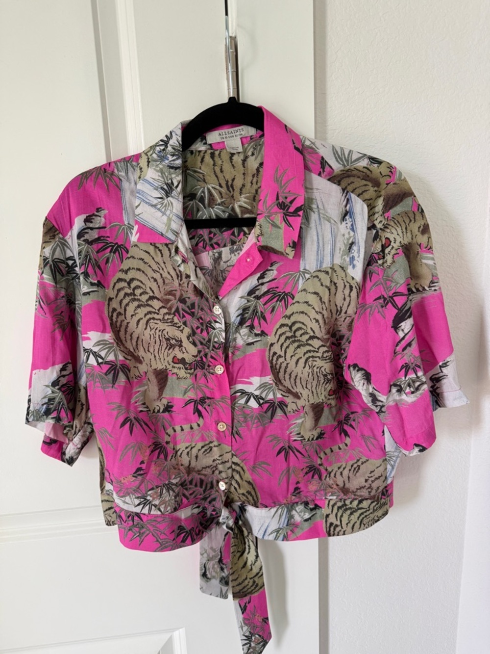 All Saints Pink Tiger Print Tie-Front Blouse